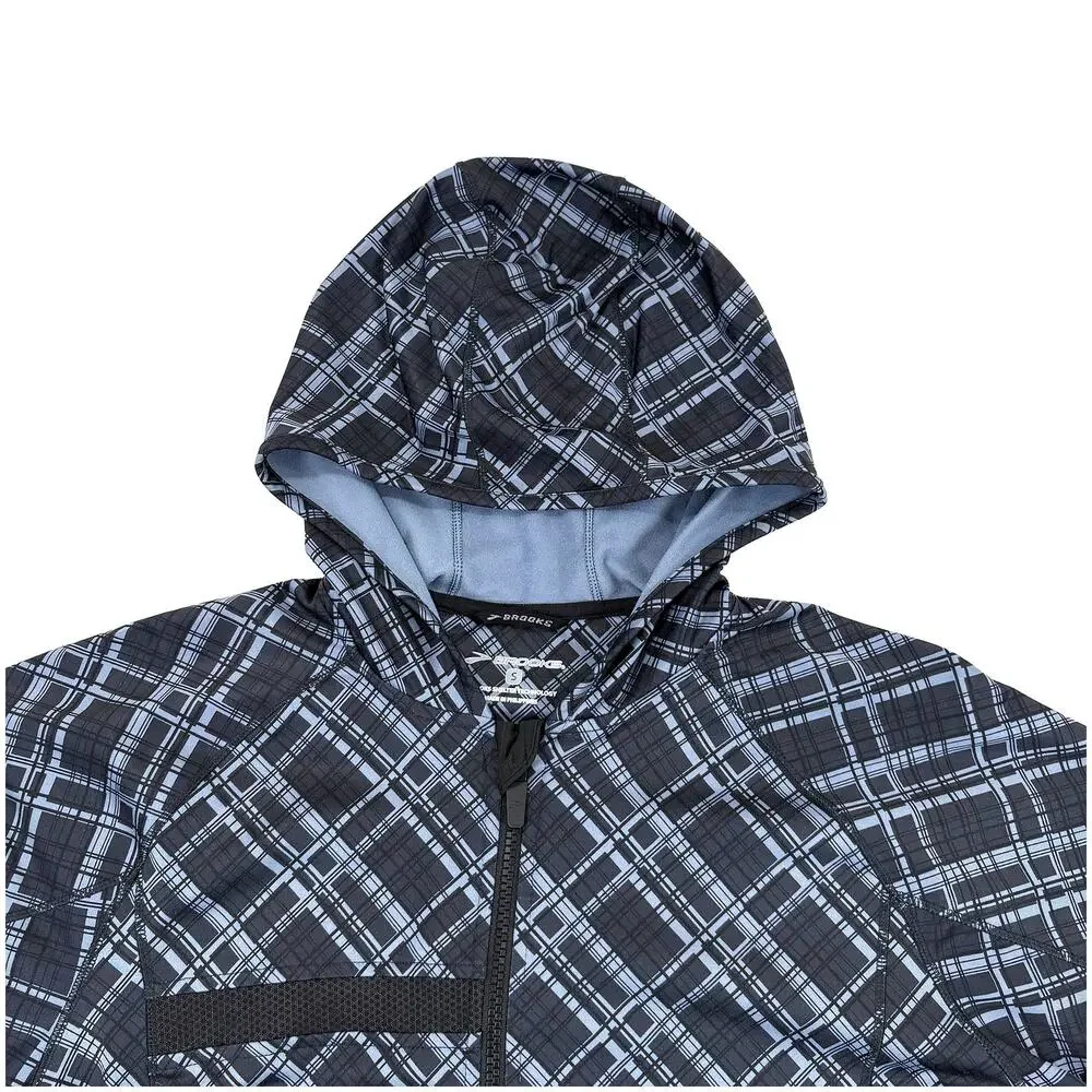 Brooks Running Jacket Men S Black Blue Plaid Hooded Windbreaker Lightweight Rain